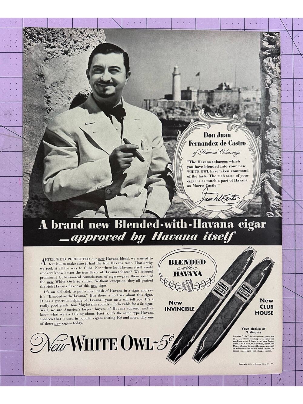 1939 White Owl Cigar Havana Don Juan Fernandez De Castro Cuba Vintage Print Ad